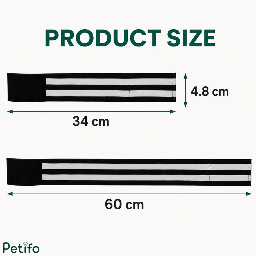 Product size chart showing length and width dimensions for the reflective horse leg wraps.