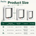 Comprehensive product size chart displaying outer dimensions, inner sizes, and maximum weight limits across M, L, and XL cat flap models.