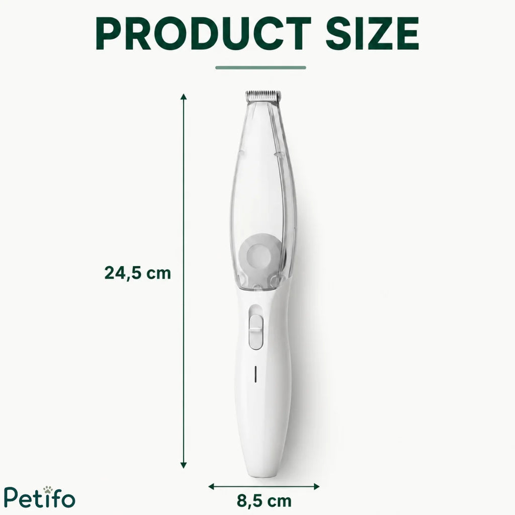 Product size diagram displaying the height of 24.5 cm and width of 8.5 cm for the vacuum pet trimmer