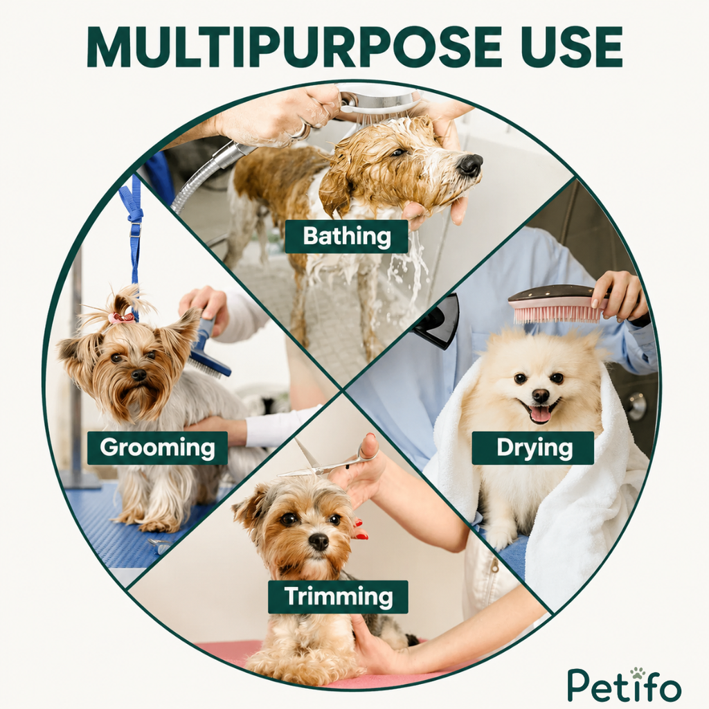 Professional grooming table showcasing multipurpose use including bathing, grooming, drying, and trimming for pets.