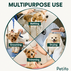 Professional grooming table showcasing multipurpose use including bathing, grooming, drying, and trimming for pets.