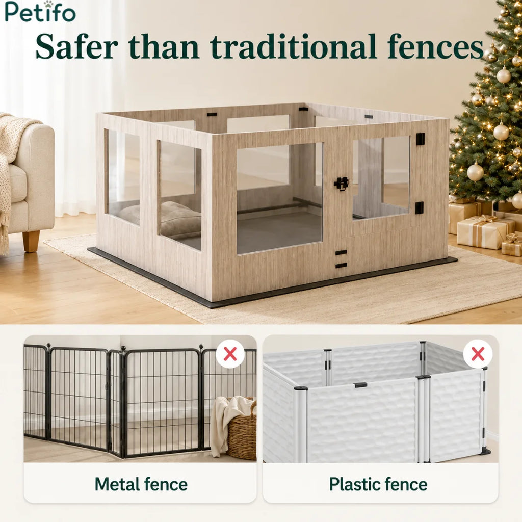 Promotional banner showcasing the Petifo wooden playpen as safer than traditional metal or plastic fences.