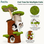 Promotional graphic showcasing multiple resting spots and soft green platforms on a tree-shaped cat climbing tower.