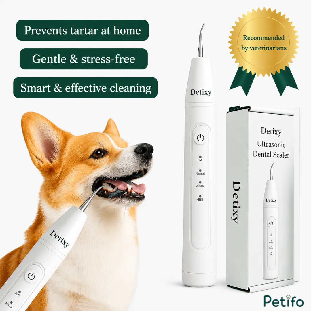 Promotional image showing a Corgi dog with the Petifo Detixy Ultrasonic Dental Scaler device and product box, featuring a veterinarian-recommended badge.