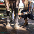 Woman adjusting black protective leg wraps on a horse in a stable.