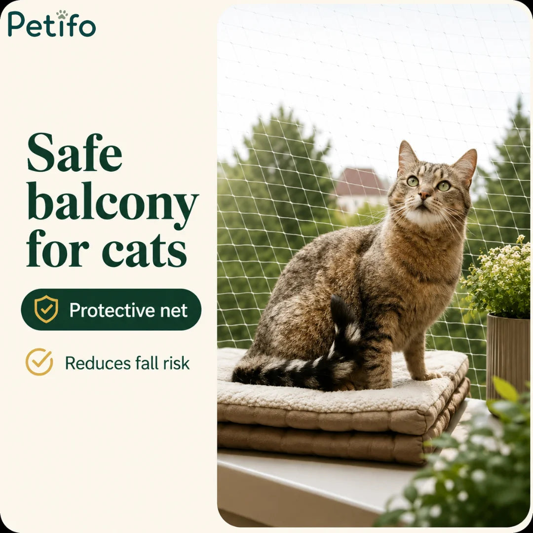Cat relaxing on a comfortable cushion by a balcony window secured with a protective safety net to reduce fall risks.