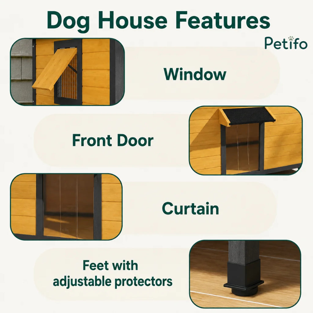Key features of an outdoor dog house including a side window, front door curtain, and adjustable protective feet.