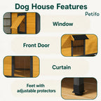 Key features of an outdoor dog house including a side window, front door curtain, and adjustable protective feet.