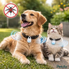A golden retriever and a cat wearing ultrasonic tick repellent tags with protective sound waves outdoors.