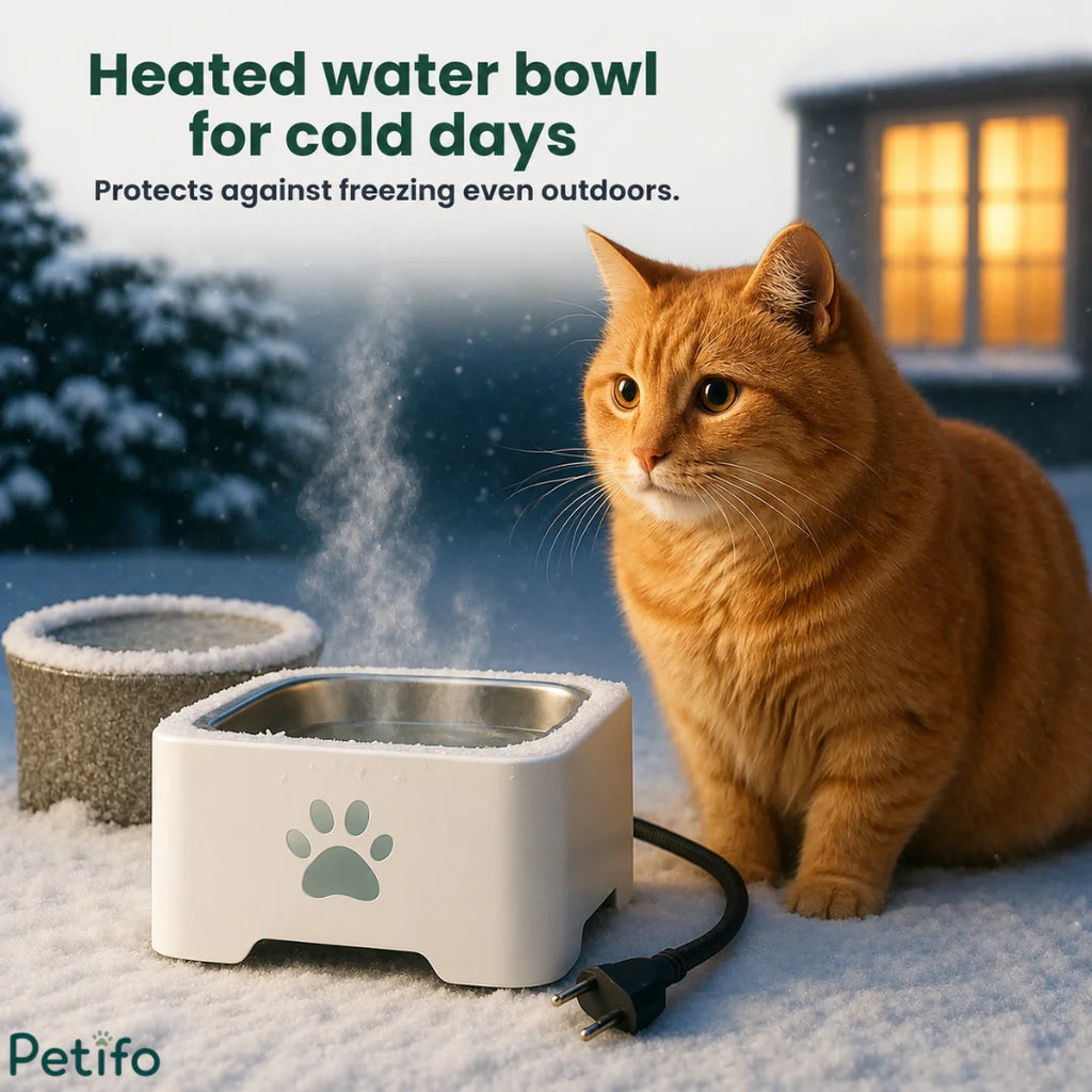 Ginger cat sitting beside a steaming heated pet water bowl that protects against freezing during cold outdoor days.