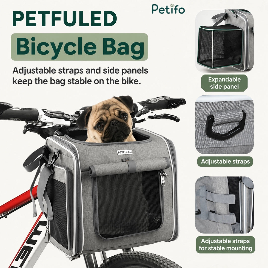 Petfuled grey bicycle pet bag mounted on handlebars with an adorable pug looking out.