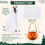 Product measurement diagram displaying the length, width, recommended pet weights, and cute pumpkin basket dimensions for the dog ghost costume.
