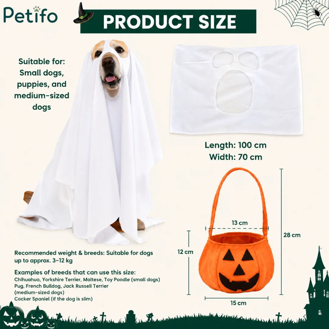 Product measurement diagram displaying the length, width, recommended pet weights, and cute pumpkin basket dimensions for the dog ghost costume.