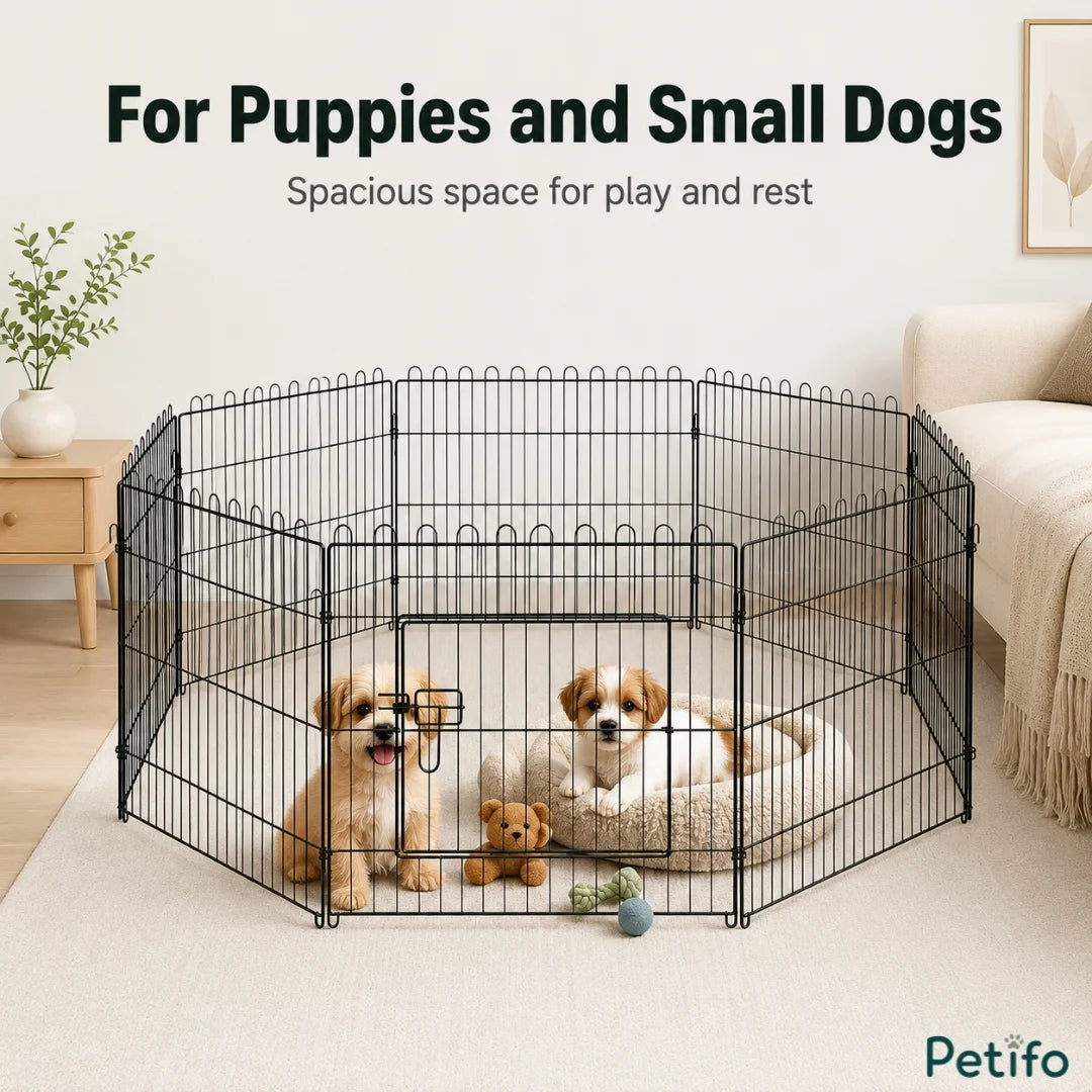 Puppies playing inside a black wire Petifo pet playpen in a living room.