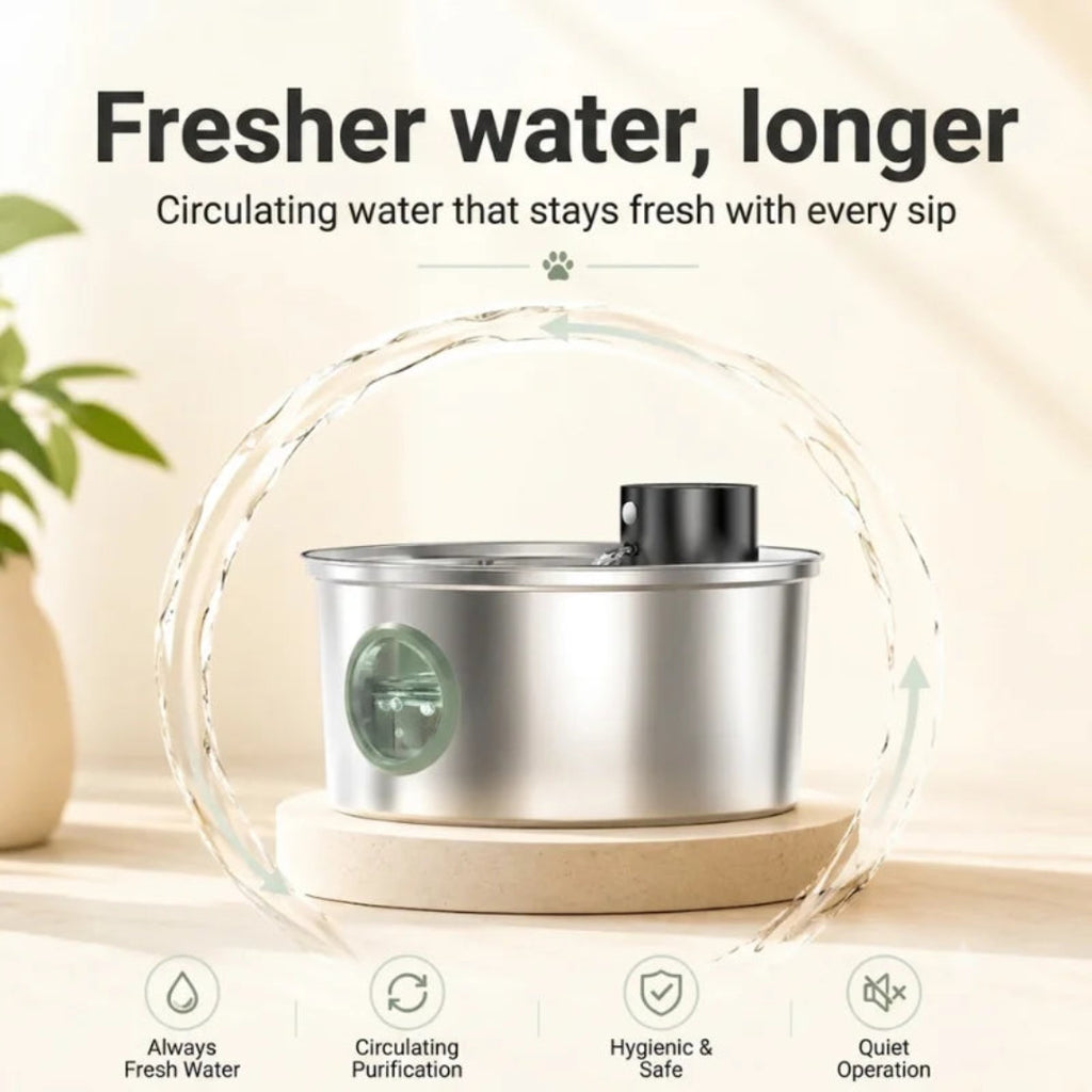 running water fresher for longer, featuring icons for purification and quiet operation.