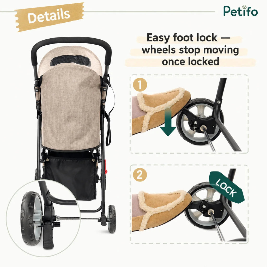 Person pushing a beige Petifo foldable pet stroller along a park path for a walk.