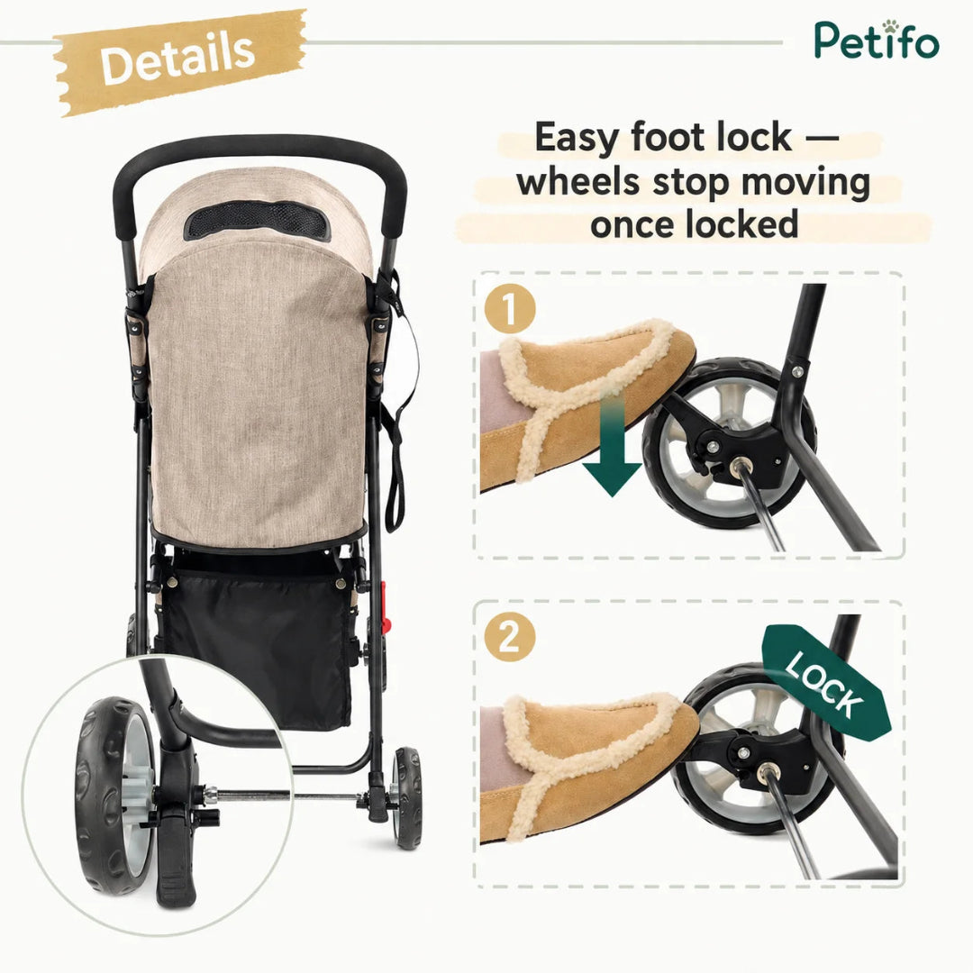 Person pushing a beige Petifo foldable pet stroller along a park path for a walk.