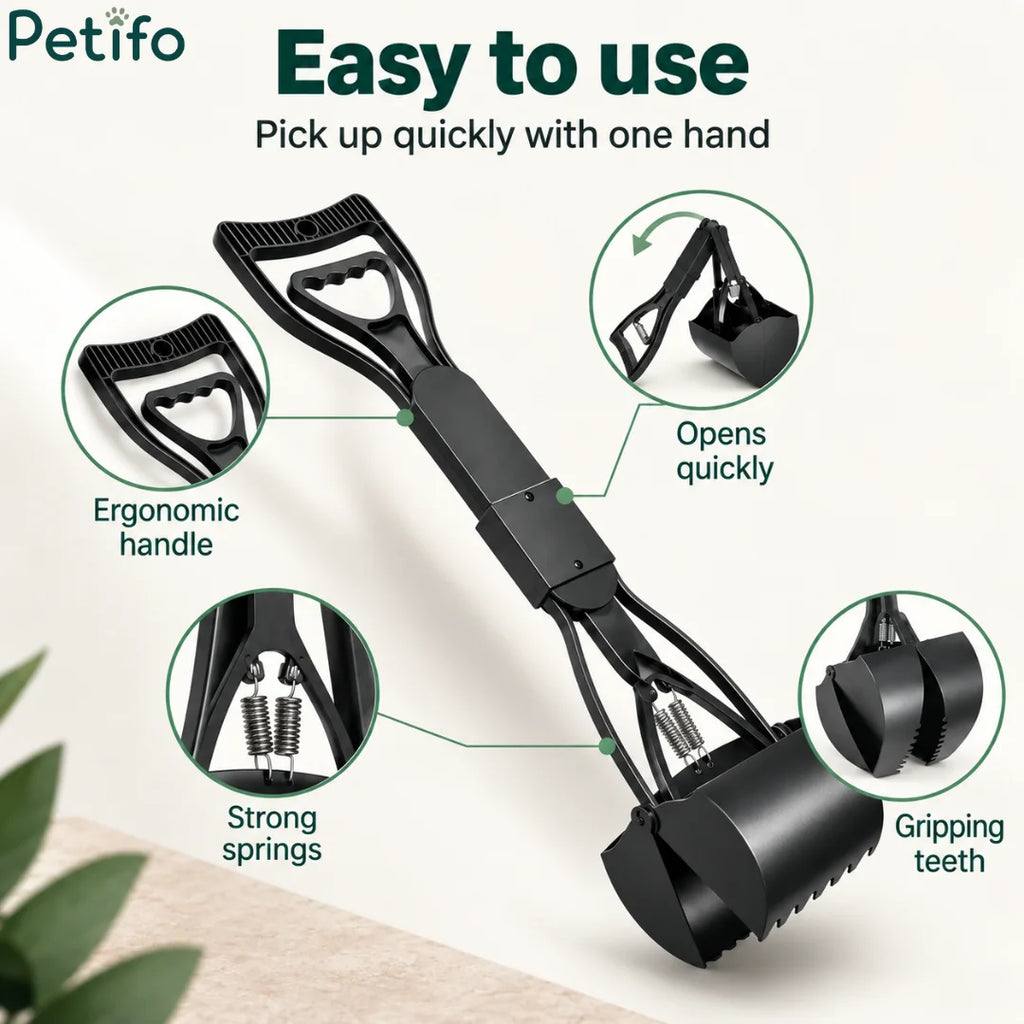 Product highlight graphic pointing out the ergonomic handle, quick-opening mechanism, strong springs, and gripping teeth.