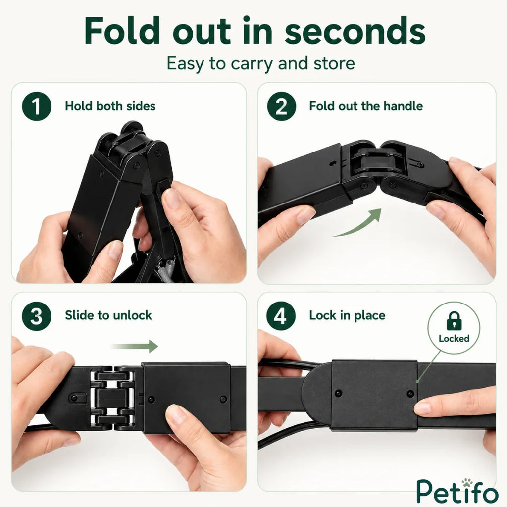 Clear four-step tutorial demonstrating how to quickly fold out, unlock, and lock the portable dog pooper scooper for easy storage.