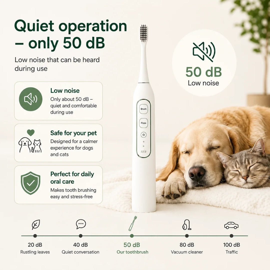 Quiet 50 dB electric pet toothbrush next to a peacefully sleeping dog and cat to show low-noise operation.