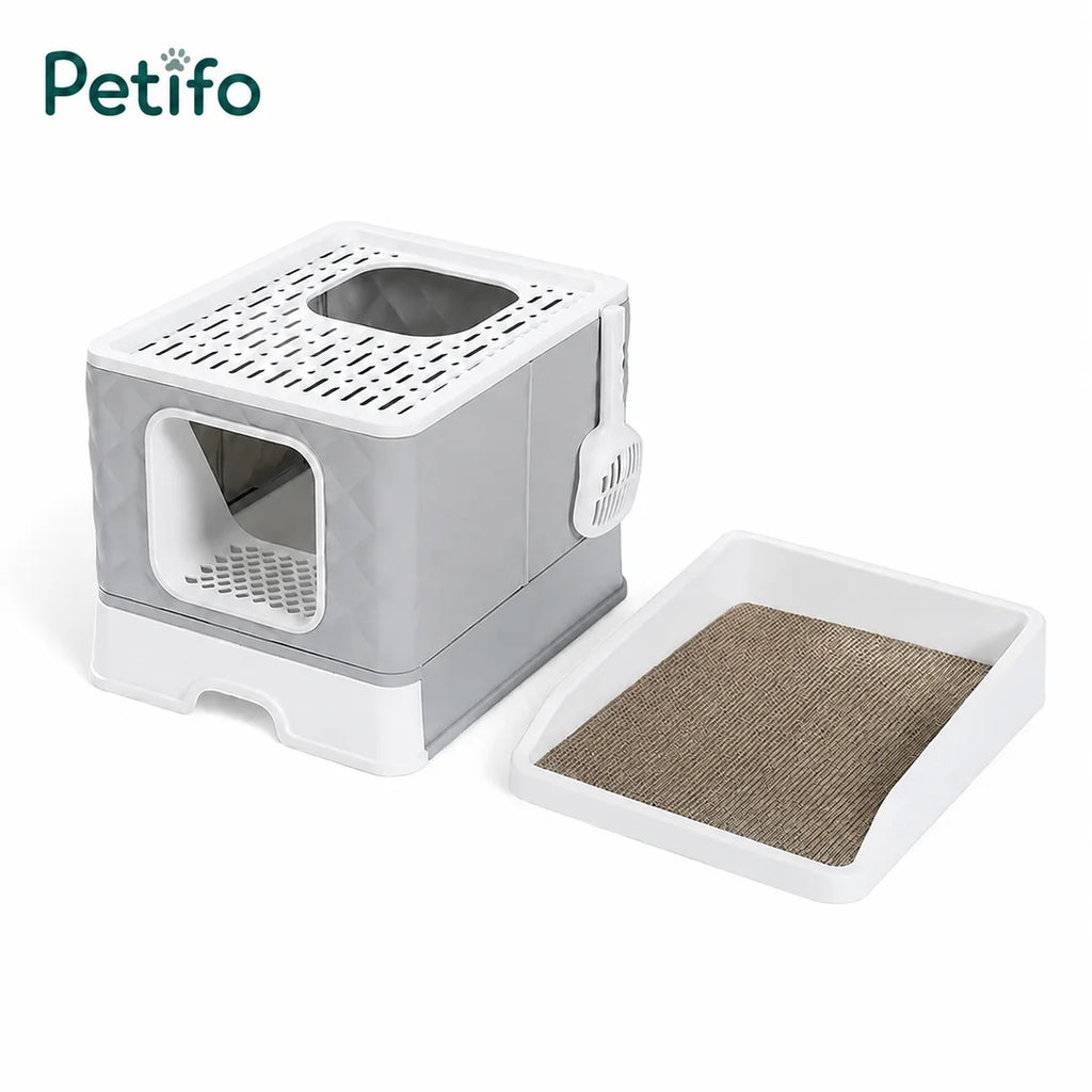 Petifo quilted cat litter box with an integrated top-mounted scratching pad and side scoop.