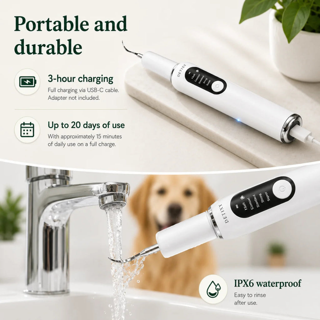 Rechargeable and portable Detixy pet dental scaler being rinsed under a water faucet to show its IPX6 waterproof rating.