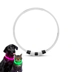Rechargeable LED glowing collar displayed alongside a black dog and a cat wearing illuminated collars.
