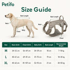 This size guide for the ProSafe dog harness provides measurements for neck, chest, belly, and back length, alongside recommended weight ranges for sizes M, L, and XL.