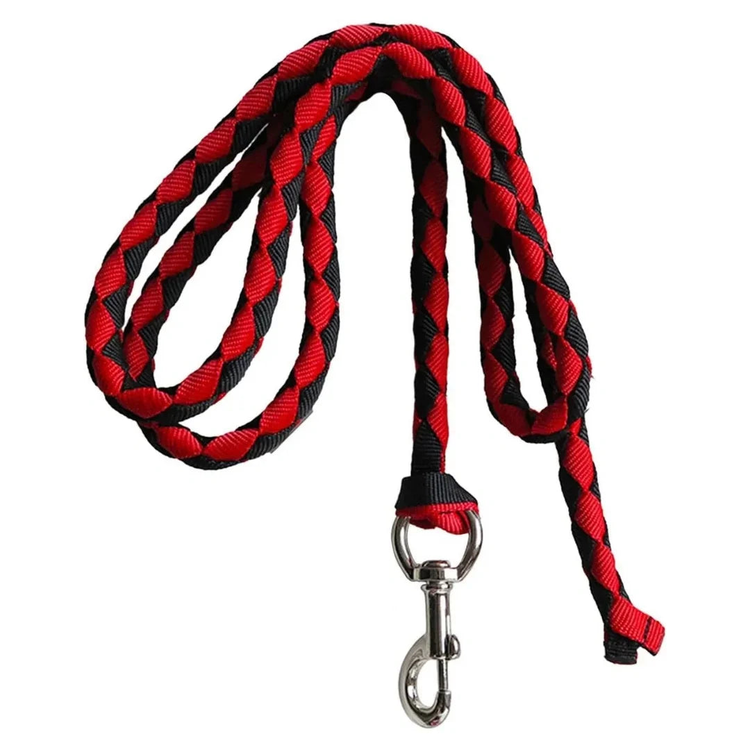 Red and black braided nylon horse lead rope featuring a heavy-duty metal snap hook.