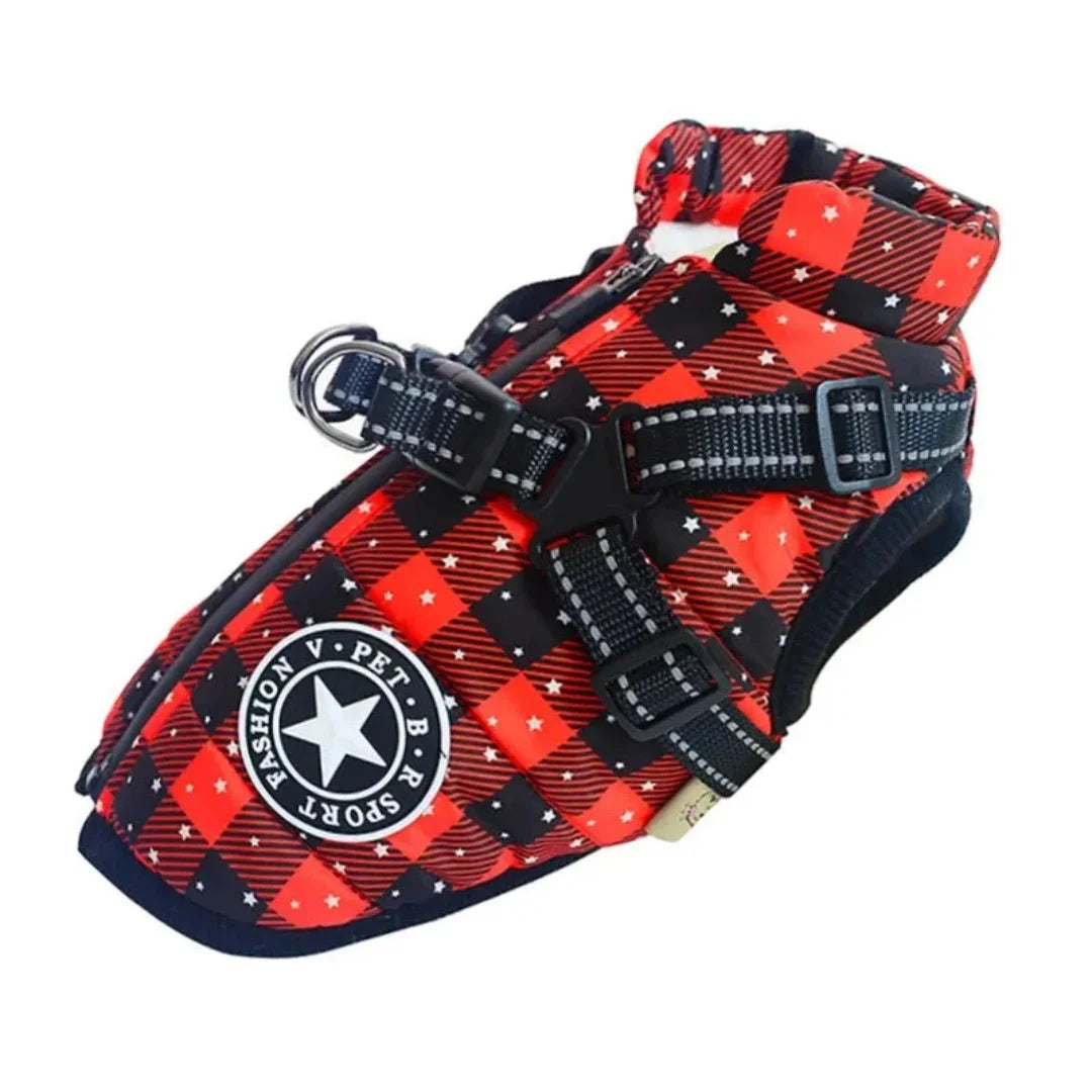 Red and black plaid winter dog vest designed with a cozy fleece lining and reflective straps.