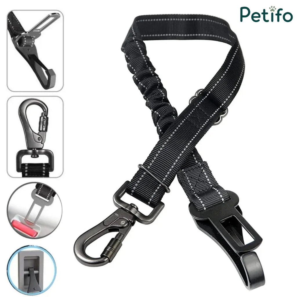 Complete view of the black reflective adjustable pet safety restraint featuring multiple attachment clips.