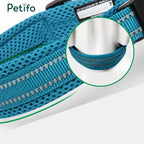 Close-up detail of a Petifo teal breathable mesh dog collar with reflective strips and a circular product insert showing the fit.