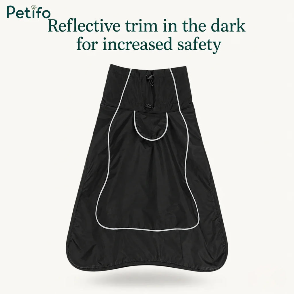 Flat lay view of the black dog winter coat showcasing high-visibility reflective trim for nighttime safety.