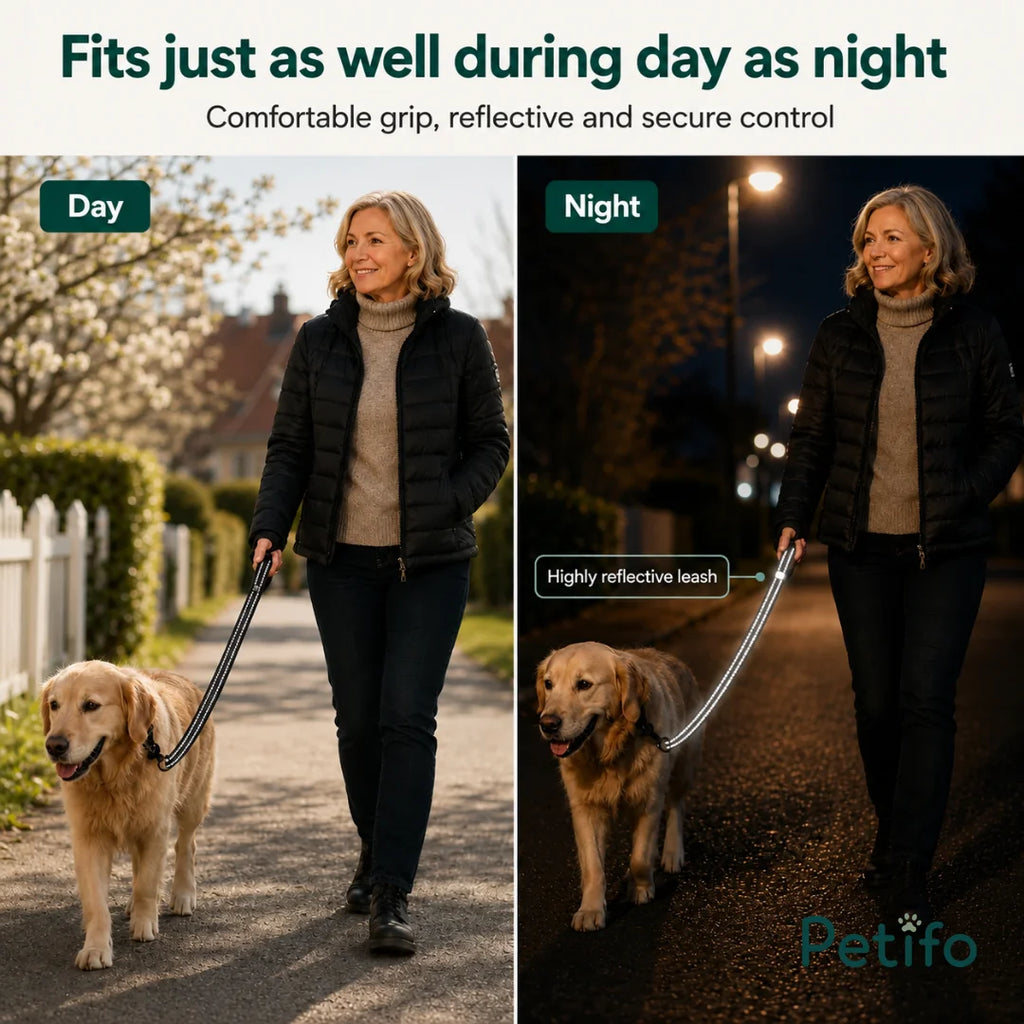 A woman walking her golden retriever on a sunny path using a comfortable, reflective dog leash.