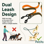 Infographic demonstrating the tangle-free Petifo dual dog leash design for walking two dogs simultaneously.