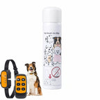 Remote-controlled spray training collar set displayed alongside a 3oz refill canister and a sitting dog.