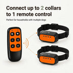 Remote control pairing capability for up to two dog collars.