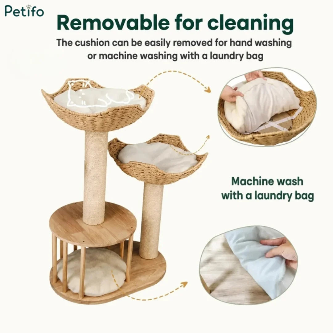 Infographic showing the removable and machine-washable plush cushions of a wooden cat tree tower.