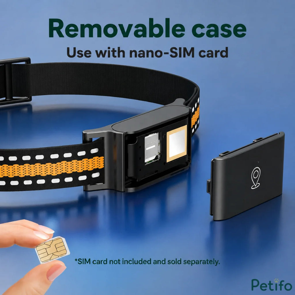 Close-up view of the removable tracker case showing the nano-SIM card slot and internal chip structure.