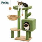 Two cats resting on the green and beige Petifo cactus cat tree with hanging play balls.
