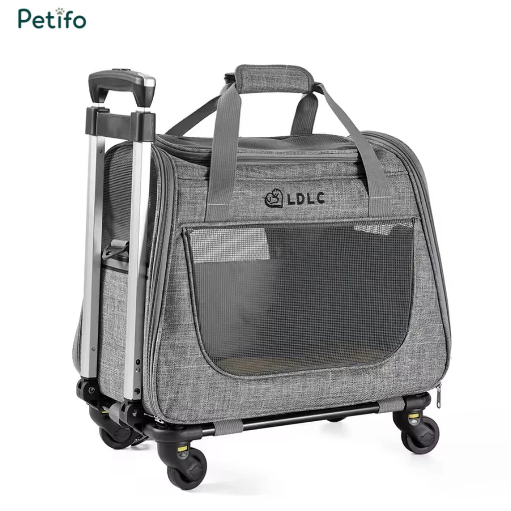 Collapsible grey pet carrier with a retractable handle and mesh ventilation designed for pet travel convenience.
