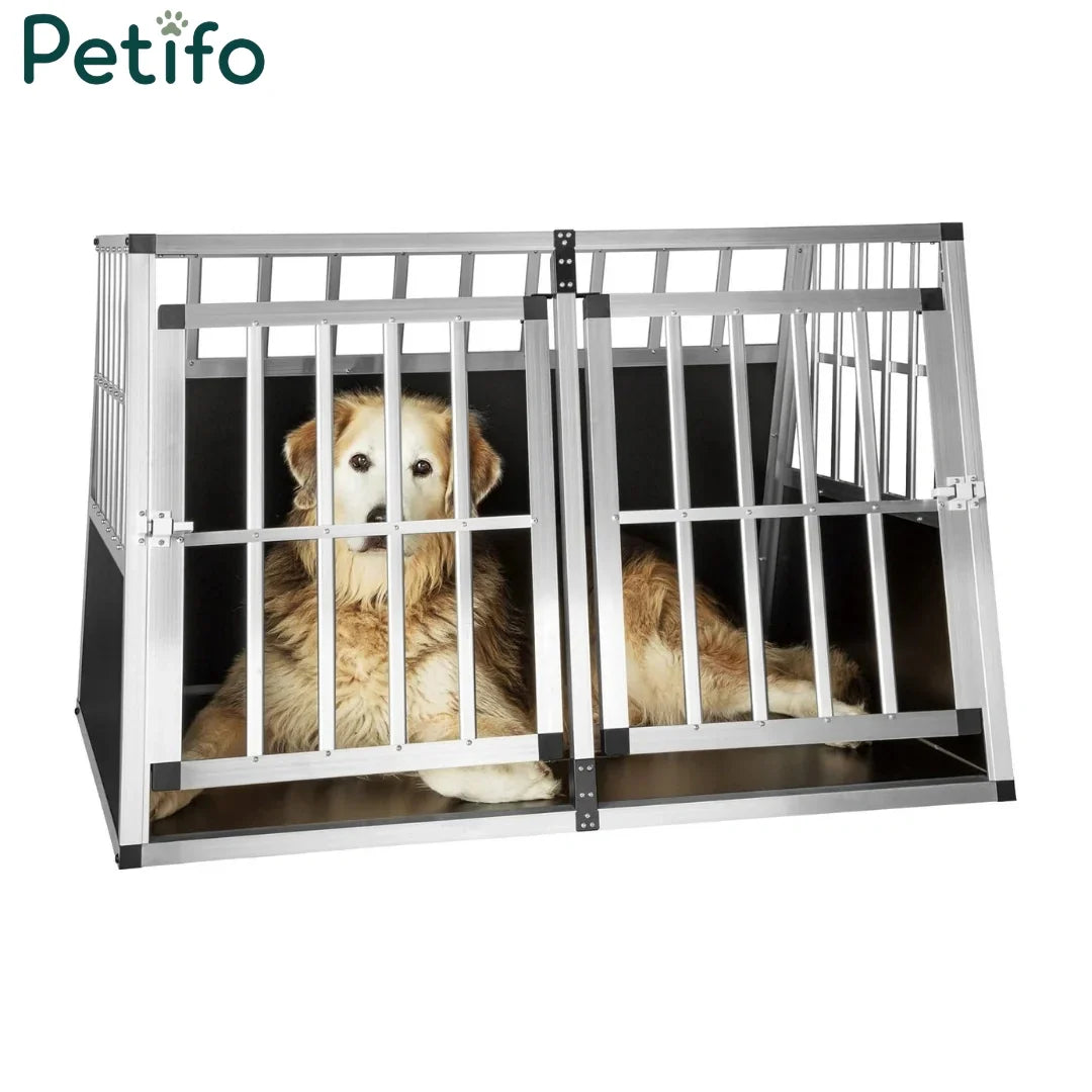 Golden Retriever lying down comfortably inside a Petifo double aluminum car dog crate.