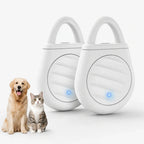 Two white ultrasonic tick repellent devices displayed next to a golden retriever and a cat.