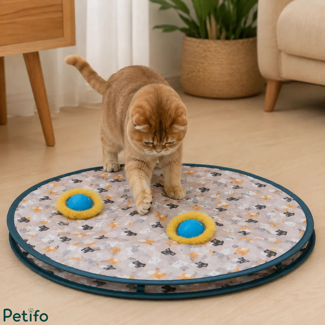 Cute Scottish Fold cat touching a circular patterned cat play mat with interactive holes and rolling balls inside.