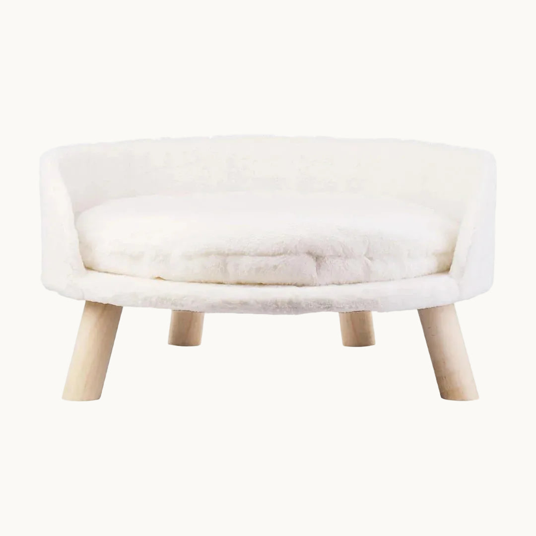 white elevated pet bed with wooden legs in a cozy home interior.