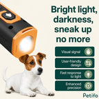 Device flashlight demonstration next to a Jack Russell terrier with key feature icons.