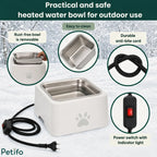 Overview of the outdoor heated water bowl highlighting its removable rust-free bowl, durable anti-bite cord, and power switch with indicator light.