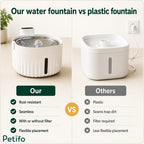 Comparison chart highlighting the benefits of a rust-resistant seamless stainless steel pet water fountain over standard plastic alternatives.