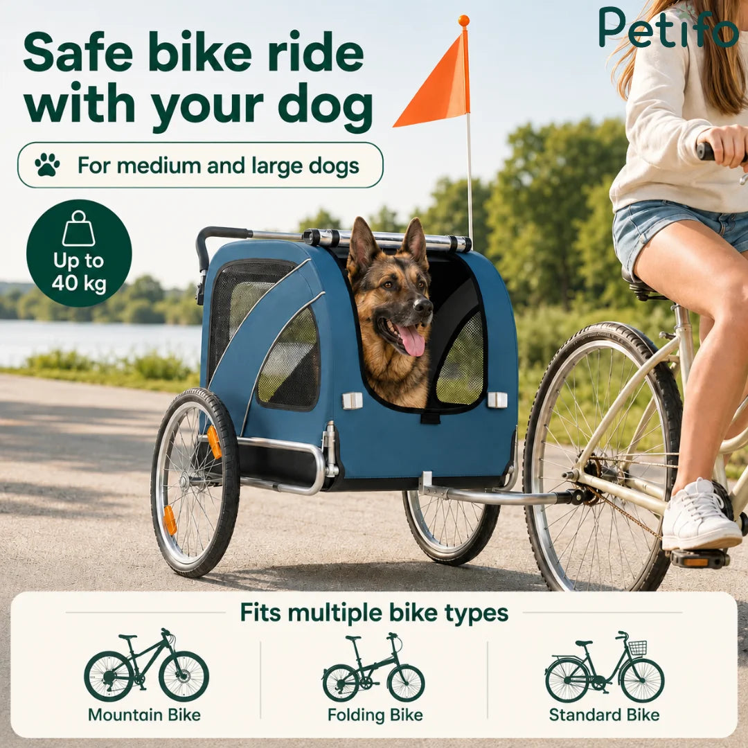 Petifo pet trailer supporting up to 40 kg, compatible with mountain, folding, and standard bicycles.