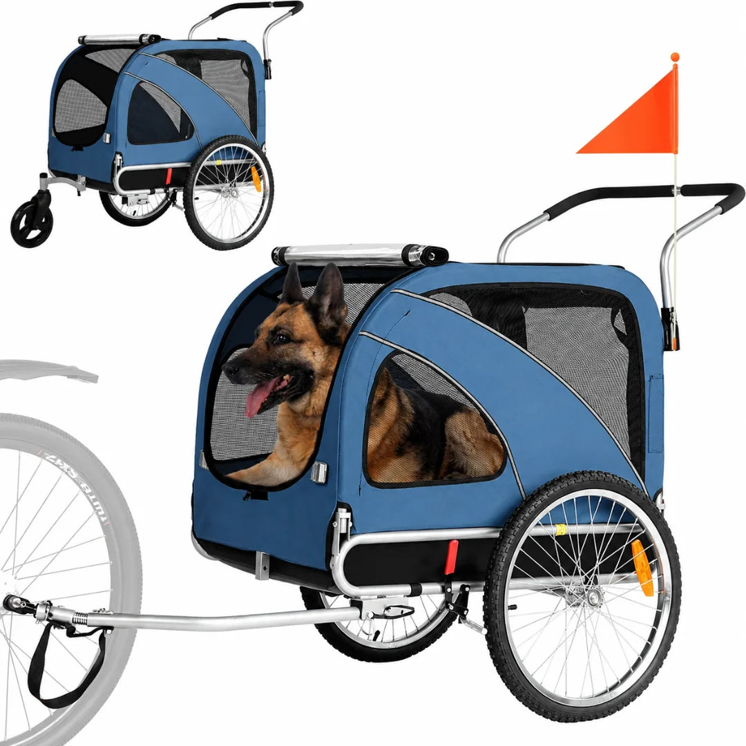 Side view of the blue Petifo pet trailer with a German Shepherd inside.